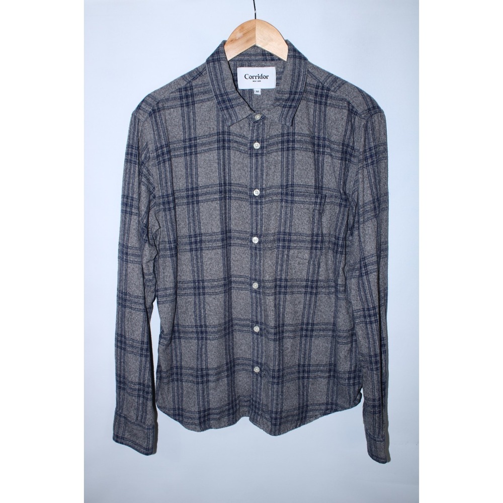 Corridor New York Men's Medium Gray Blue Plaid Flannel Shirt